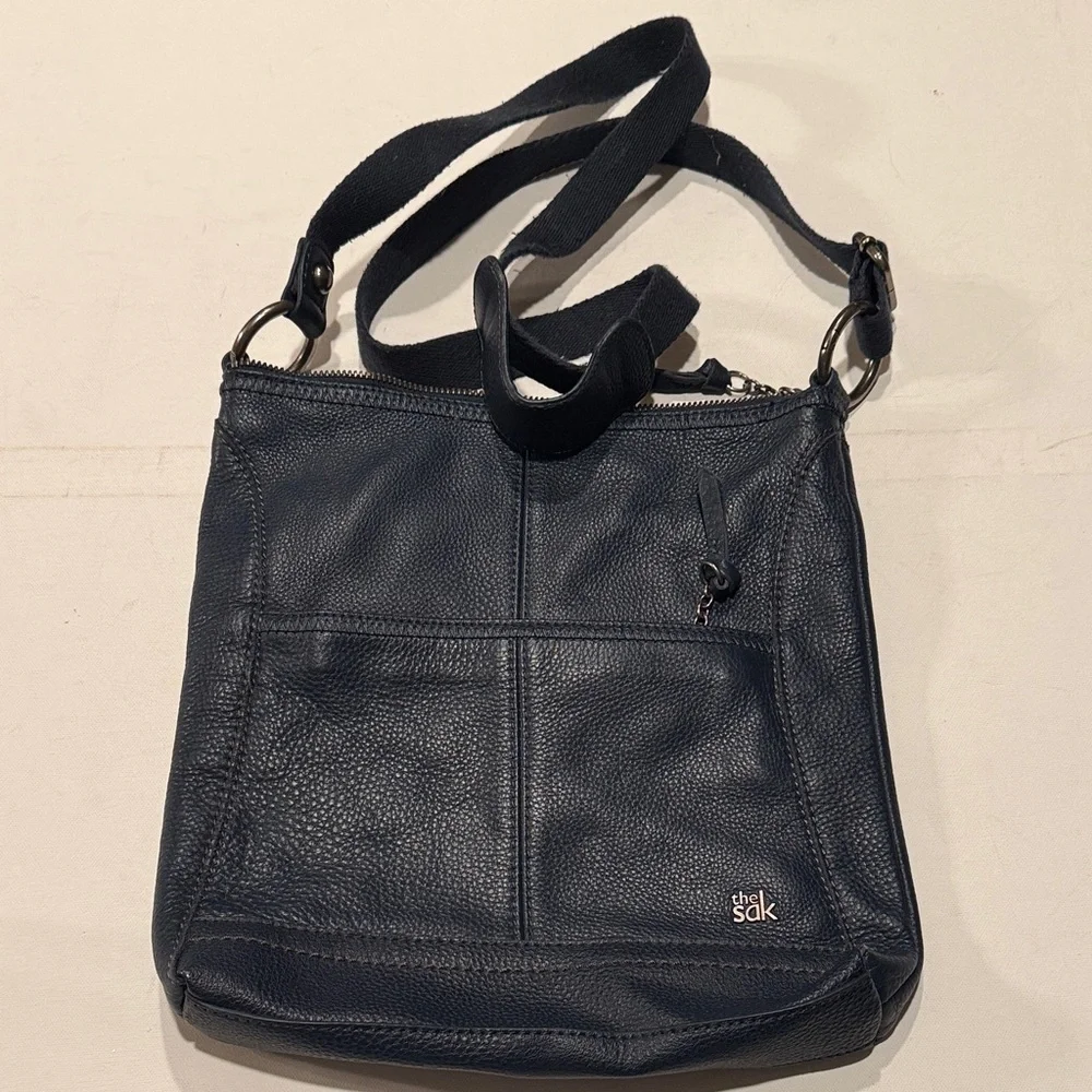 The Sak Dark Blue Leather Messenger Bag